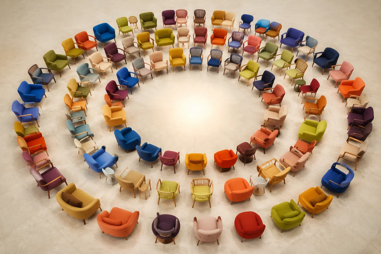 Concentric arcs of colorful chairs surrounding an open luminous center